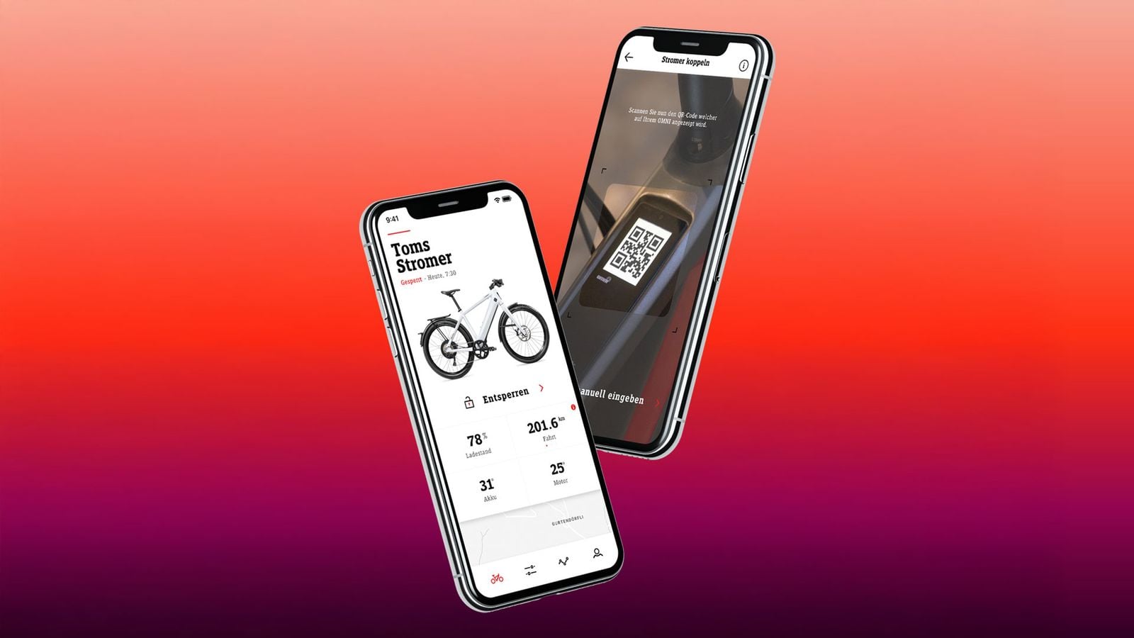 Two smartphones displaying an e-bike app and a QR code scanner.