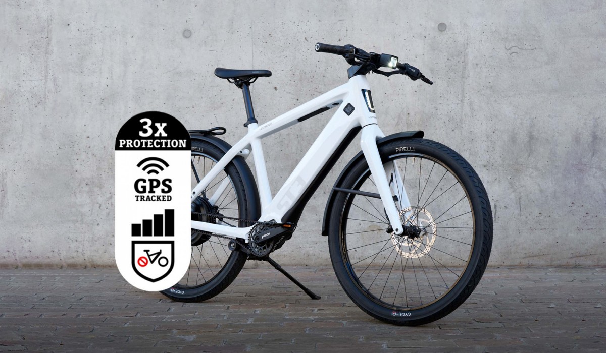 Le Stromer ST3 dans la couleur Cool White, avec une triple protection antivol.